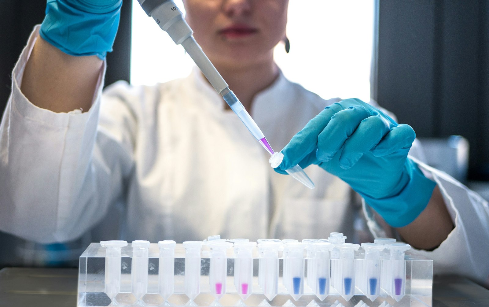A scientist in a lab coat and blue gloves pipetting liquid into small test tubes A scientist in a lab coat and blue gloves pipetting liquid into small test tubes