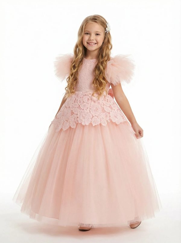 A-Line Round Neck Lace Tulle Flower Girl Dress Cute Puff Sleeve Formal Elegant Flower Tulle Dress for Kids