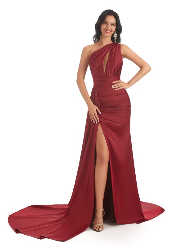 Chicsew Astrid Sexy Soft Satin Side Slit One Shoulder Mermaid Long Wedding Bridesmaid Dresses