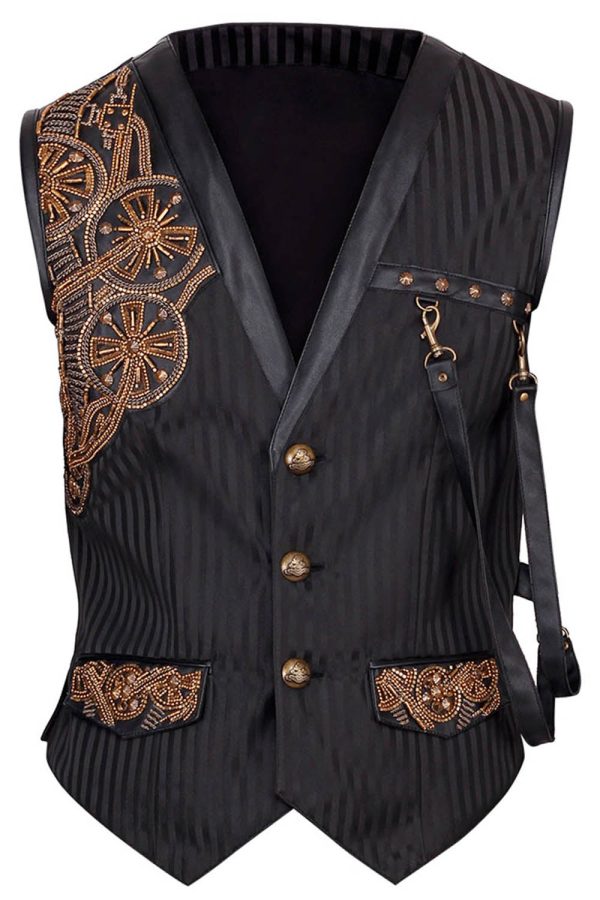 Klaus Steampunk Embroidered Black Waist Coat
