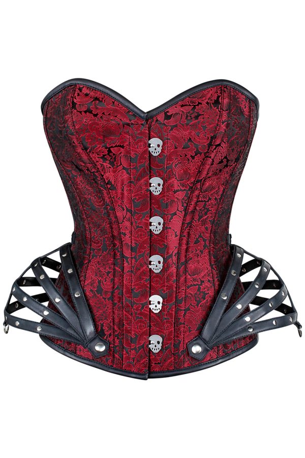 ROSALYN Skull Busk Overbust Corset - Maroon Brocade