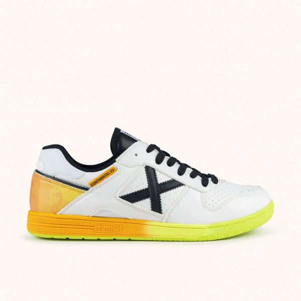 MUNICH CONTINENTAL V2 77 Futsal shoe White with Black, Orange and Fluor Yellow Details