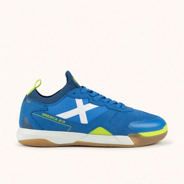 MUNICH GRESCA 2.0 14 Futsal shoe Blue with White and Fluor Yellow Details with Caramel Gum Sole