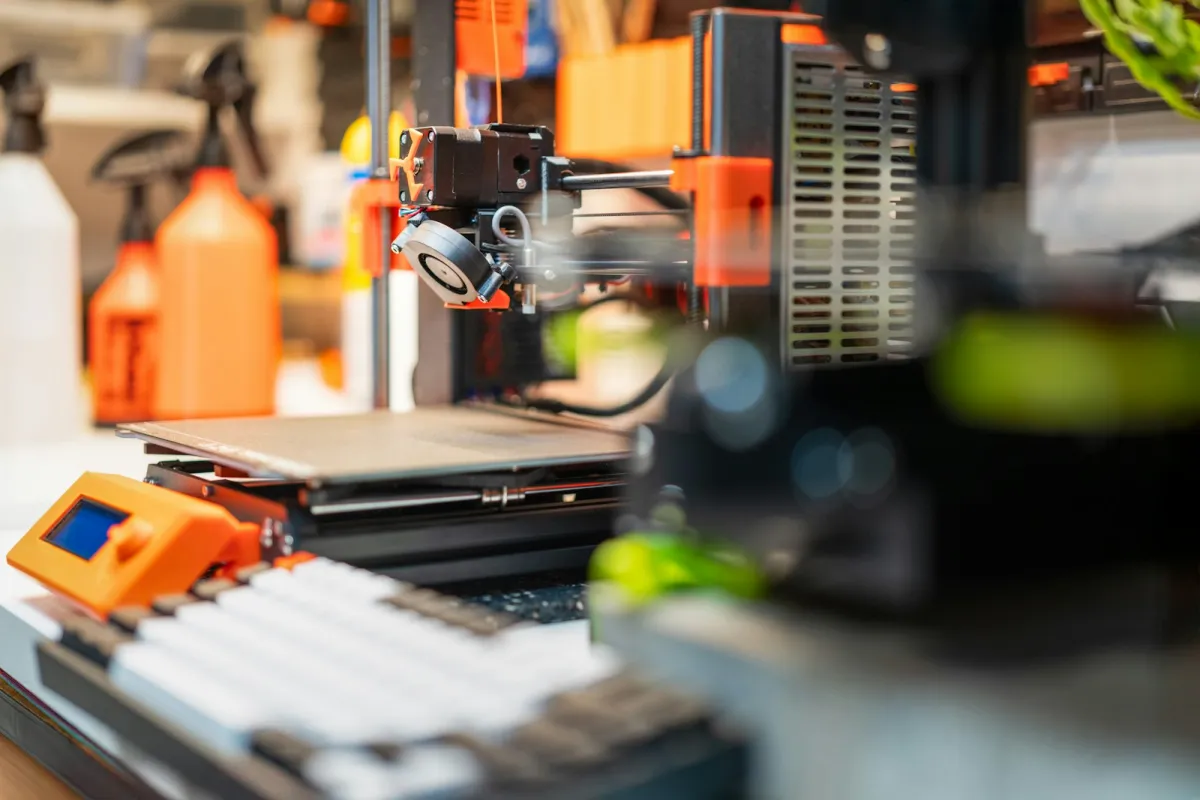 A 3D printer with orange accents on a workbench A 3D printer with orange accents on a workbench