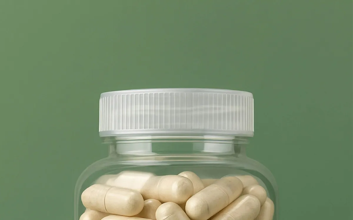 Clear bottle of capsules with a blank label against a green background