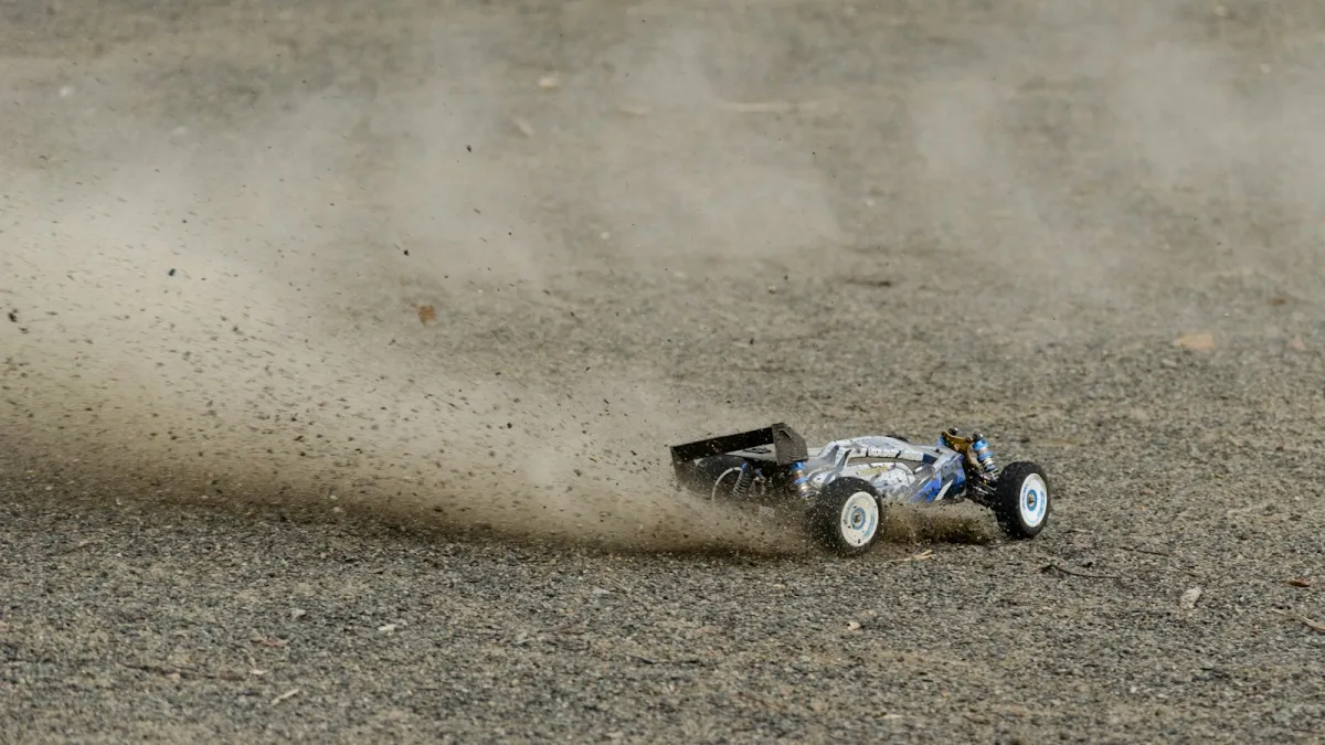 RC buggy kicking up gravel and dust as it races across dirt