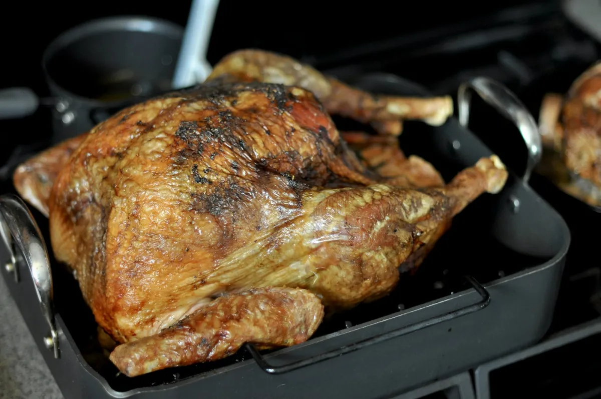 A golden-brown roasted turkey in a roasting pan A golden-brown roasted turkey in a roasting pan
