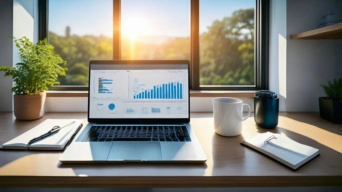 Laptop with charts on a desk by a sunny window, with notebooks and a mug