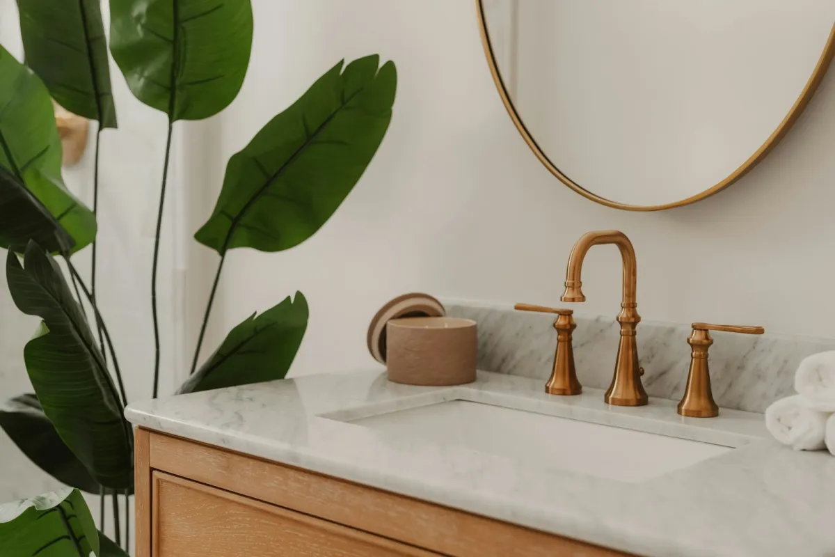 A bathroom sink with a brass faucet, rolled towels and a green plant