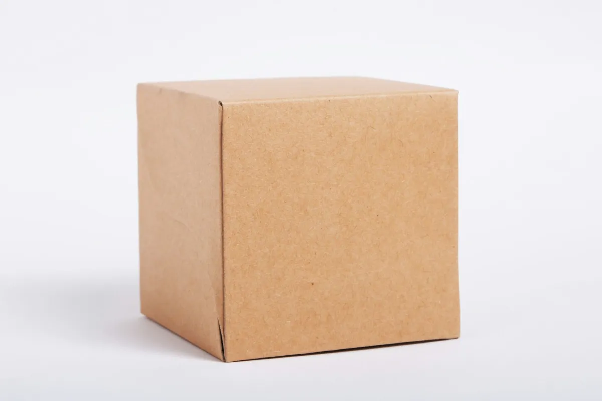 A plain brown cardboard box with no label on a white background A plain brown cardboard box with no label on a white background