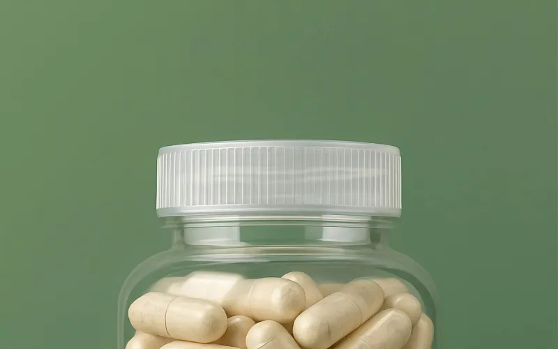 Clear bottle of capsules with a blank label against a green background