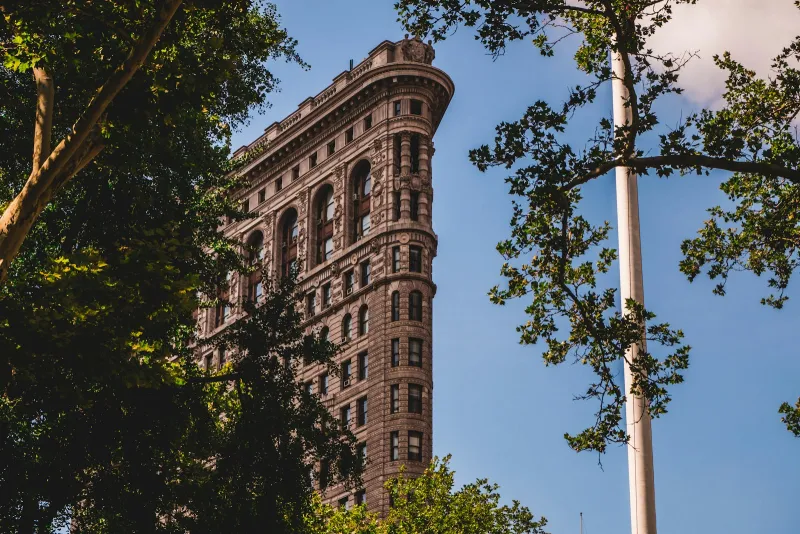 The Flatiron Building in New York framed by trees