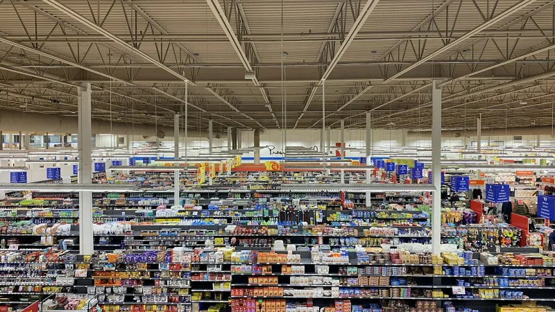 Long aisles of shelves in a large warehouse-style store, seen from above