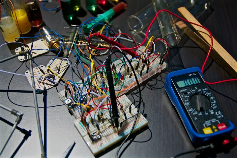 Electronic circuit boards, wires and a multimeter on a workbench
